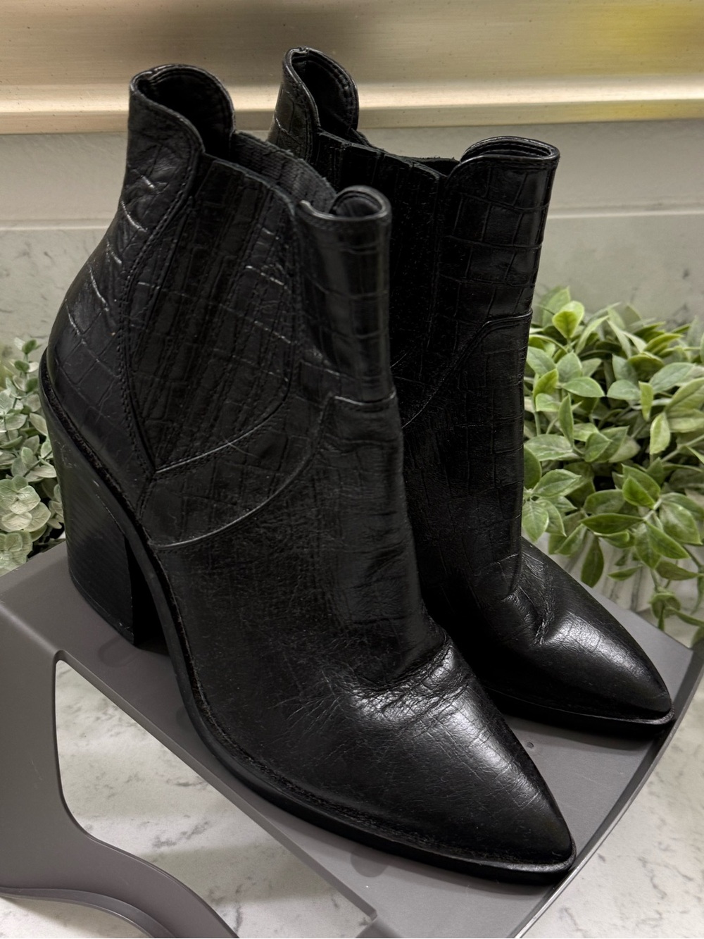 Rebecca Minkoff Sabana Too Black Croc-Embossed Pointed Toe Ankle Boots - Women's